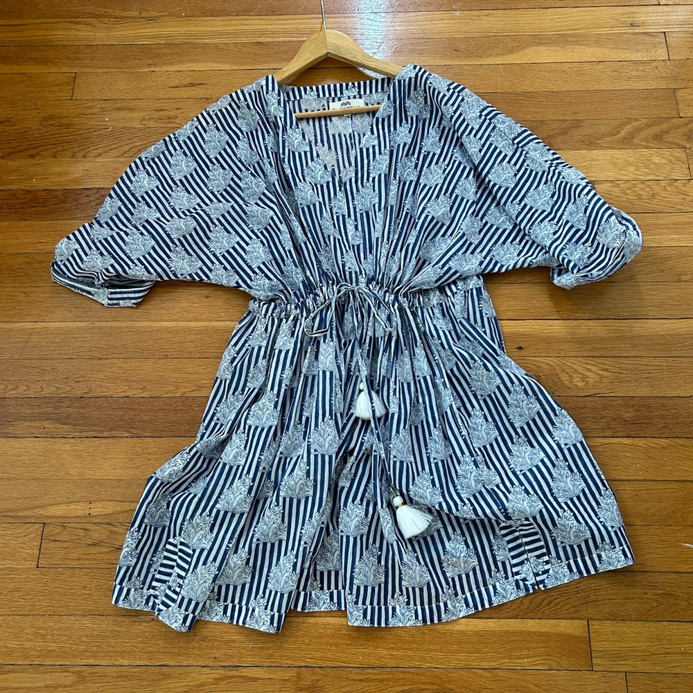 Bohemian Tassel Tie Blue and White Beach Coverup
